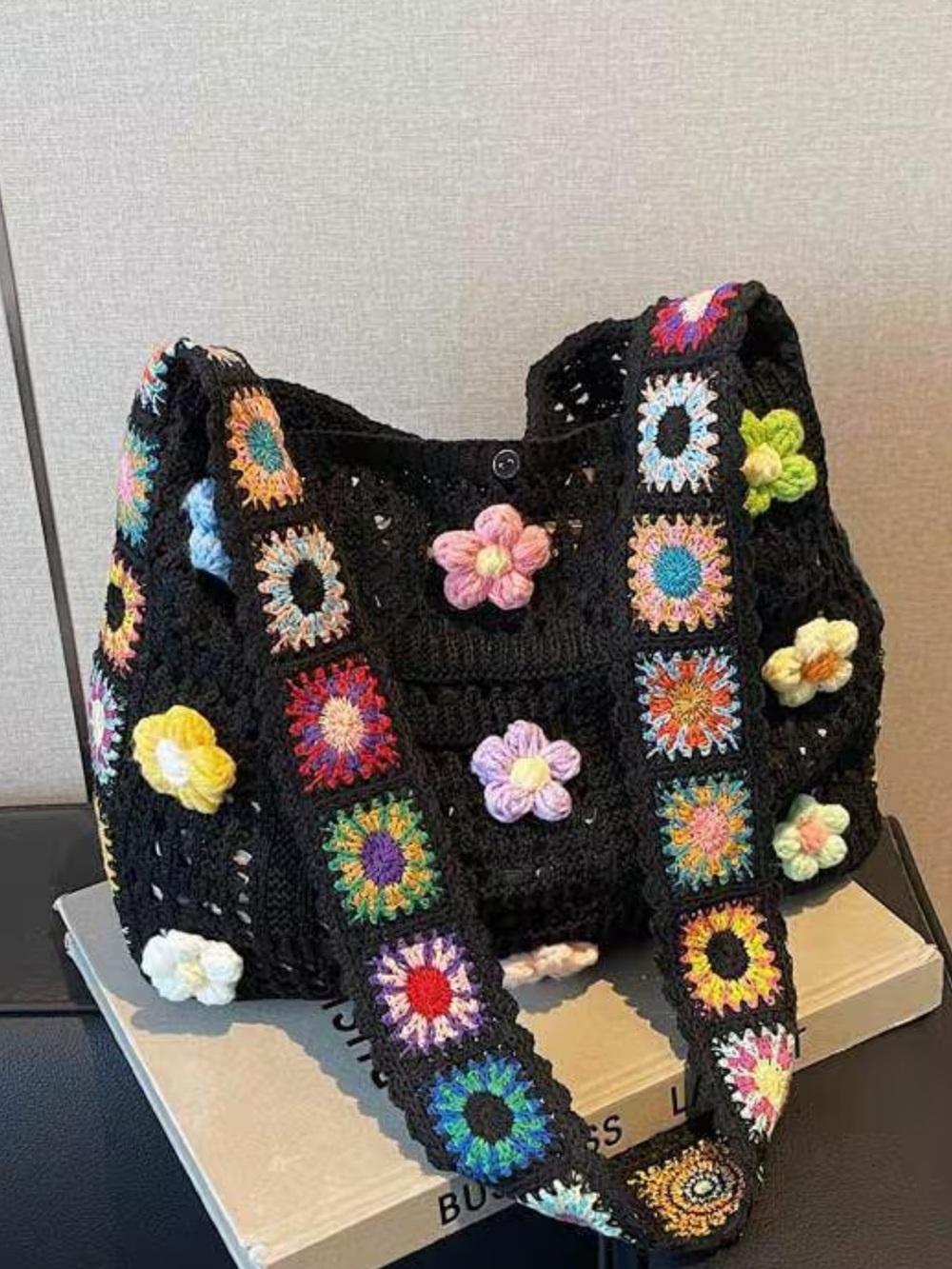 Boho handmade Black Crochet Flower Tote Bag with Multicolor Accents